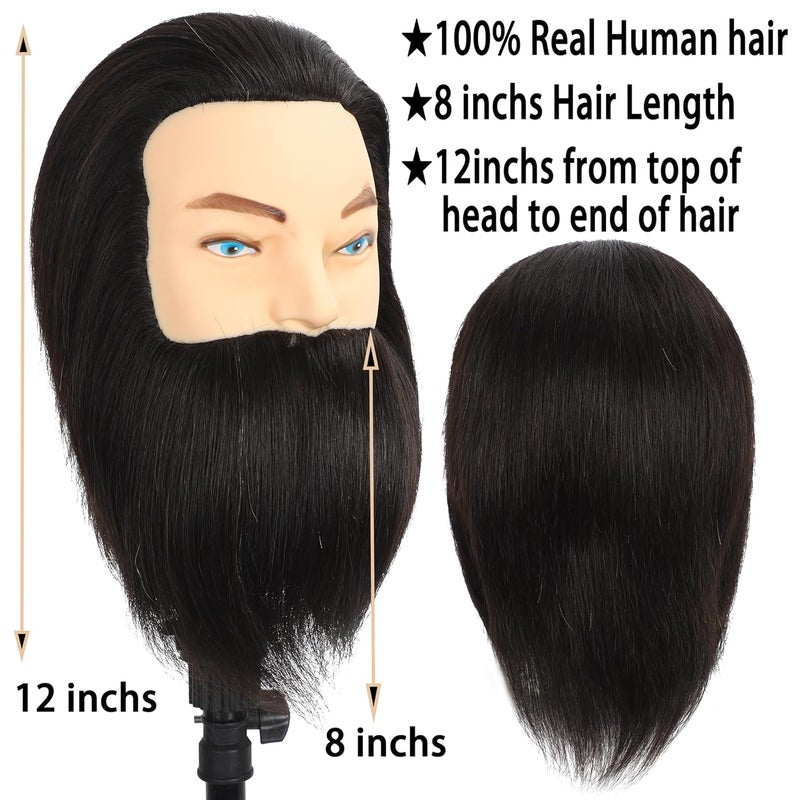 simnient Male Mannequin Head with Beard 100% Human Hair Haircut Manikin Head for Cosmetology Straight Thick Hair Doll Head with Human Hair with Stand Practice Cutting Styling - Image 2